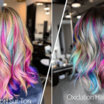 deux photos de cheveux d'une femme aux cheveux multicolores