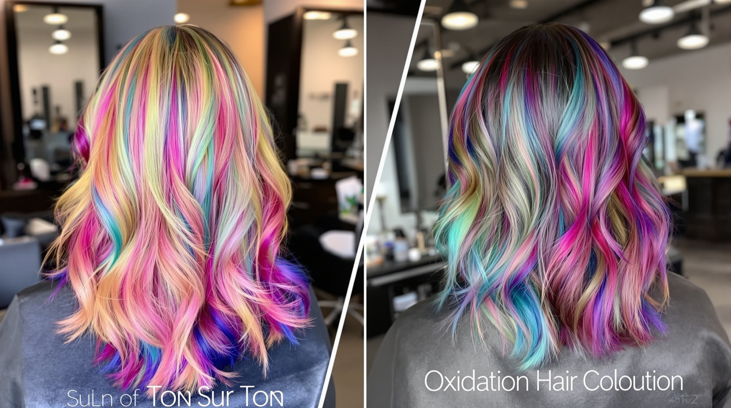 deux photos de cheveux d'une femme aux cheveux multicolores