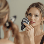 une belle femme tenant un sèche-cheveux devant un miroir