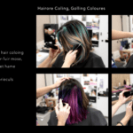 un collage de photos d'une femme se faisant coiffer