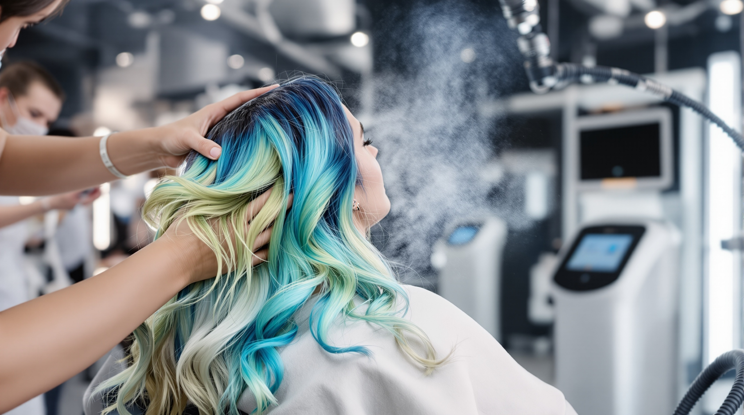 Une femme aux cheveux bleus et verts se sèche les cheveux.