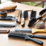 une table en bois garnie d'un grand nombre de brosses à cheveux de différents types