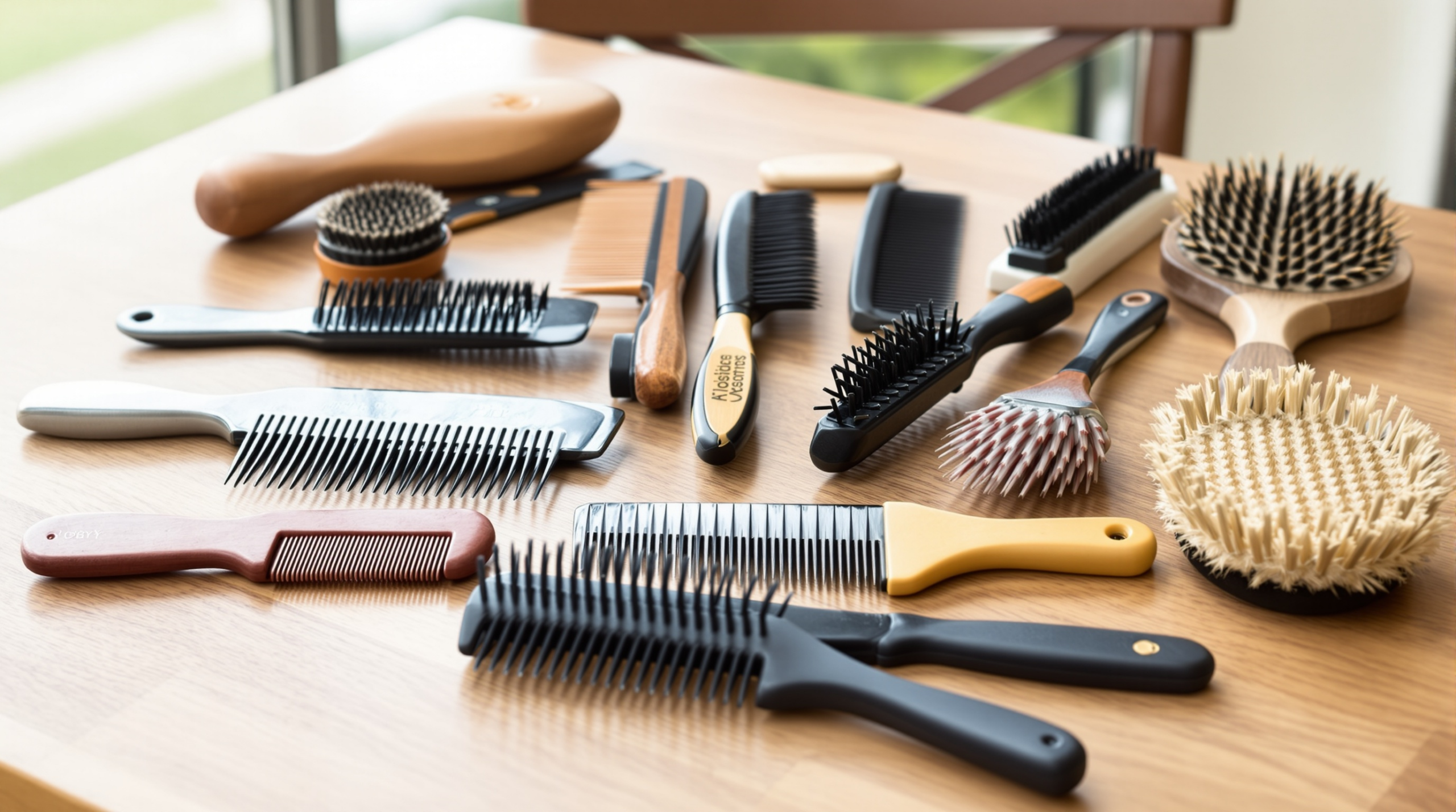 une table en bois garnie d'un grand nombre de brosses à cheveux de différents types