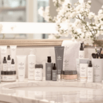 un évier de salle de bain contenant beaucoup de produits de soins personnels