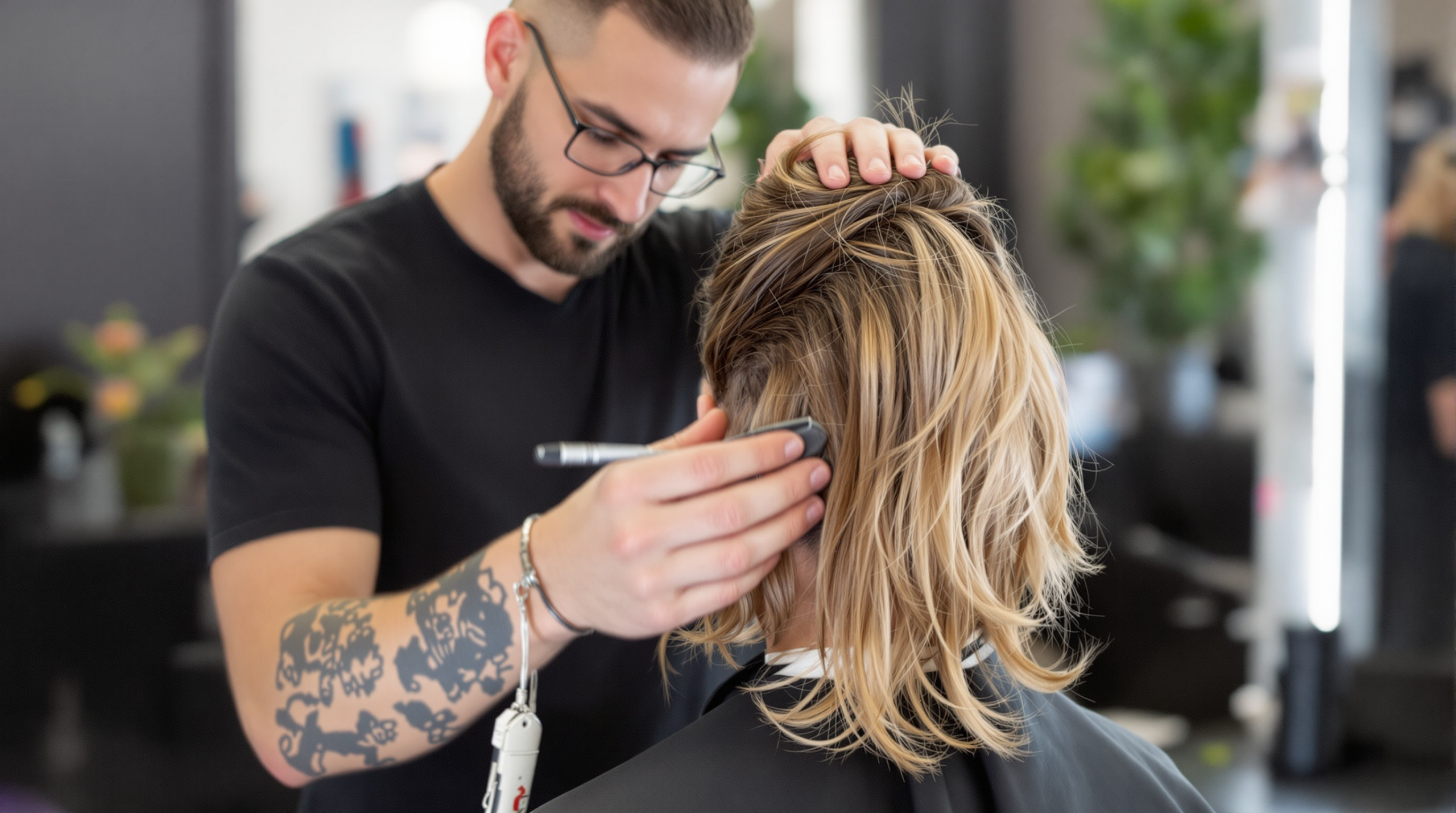 un homme coupe les cheveux d'une femme dans un salon de coiffure